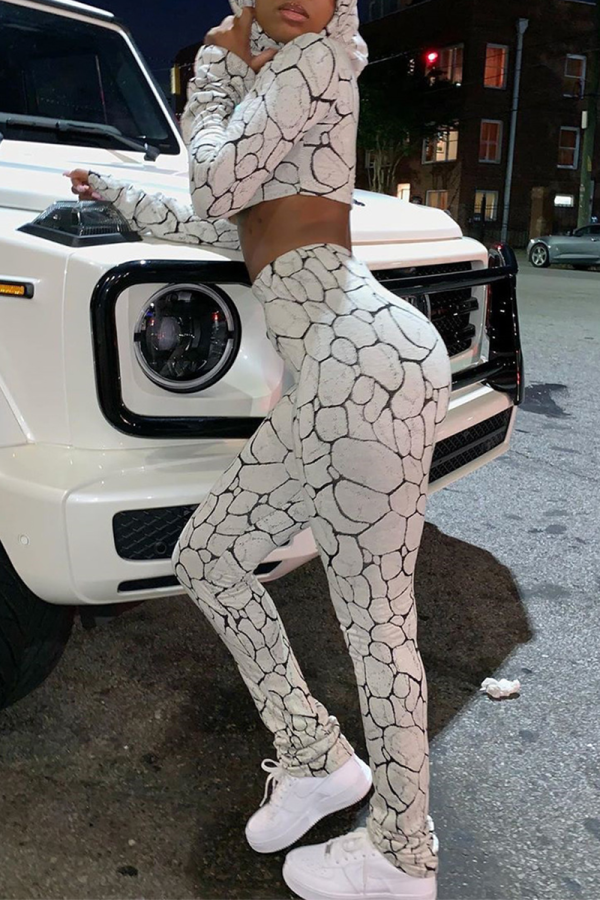 White Sexy Print Patchwork Half A Turtleneck Long Sleeve Two Pieces