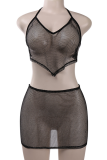 Black Sexy Solid See-through Mesh Halter Sleeveless Two Pieces