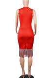 Red Sexy Print Tassel Patchwork O Neck One-piece Suits Dresses