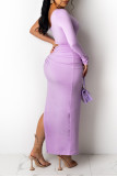 Light Purple Fashion Sexy Solid Hollowed Out Slit Long Sleeve Dresses