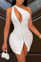 White Fashion Sexy Solid Hollowed Out Zipper One Shoulder Sleeveless Dress