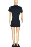 Light Blue Sexy Solid Patchwork Zipper O Neck Pencil Skirt Dresses
