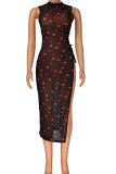 Red Sexy Print Bandage Patchwork See-through Half A Turtleneck Straight Dresses