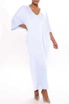 White Fashion Casual Solid Basic V Neck Long Dress