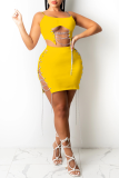 Yellow Sexy Solid Hollowed Out Chains Spaghetti Strap Sleeveless Two Pieces