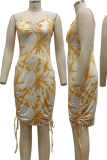 Yellow Sexy Patchwork Tie-dye Spaghetti Strap Pencil Skirt Dresses