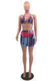 Blue Fashion Sexy Print Tie Dye Bandage Backless Swimwears