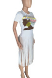White Street Print Tassel Patchwork O Neck T-Shirts