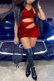 Red Sexy Solid Hollowed Out See-through Asymmetrical V Neck Sleeveless Two Pieces