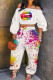 White Sexy Street Print Patchwork Off the Shoulder Long Sleeve Two Pieces