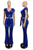 Blue Casual Print Draw String V Neck Short Sleeve Two Pieces