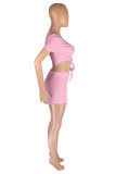 Pink Fashion Casual Solid Bandage V Neck Short Sleeve Two Pieces