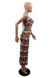 Multicolor Fashion Sexy Print Backless Slit Spaghetti Strap Sleeveless Two Pieces