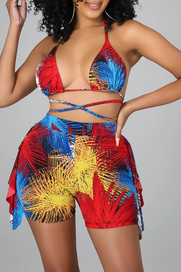 Colour Sexy Print Patchwork Cold Shoulder Sleeveless Two Pieces