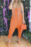 Tangerine Red Sexy Solid Split Joint Halter Harlan Jumpsuits