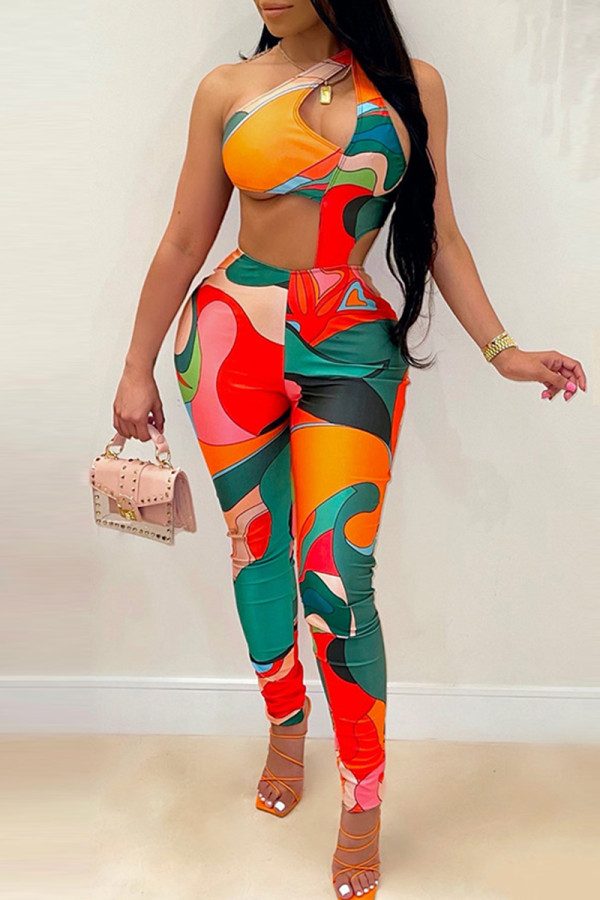 Multicolor Fashion Sexy Print Hollowed Out Backless One Shoulder Skinny Jumpsuits