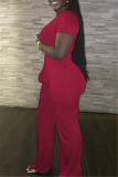 Rose Red Fashion Casual Solid Basic V Neck Plus Size Jumpsuits