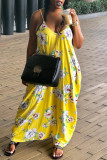 Yellow Sexy Casual Print Backless Spaghetti Strap Sleeveless Dress