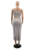 Light Brown Sexy Casual Striped Print Backless One Shoulder Sleeveless Two Pieces