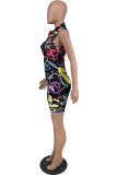 Black Casual Sportswear Print Basic Zipper Collar Skinny Romper