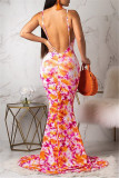 Rose Red Fashion Sexy Print Backless Spaghetti Strap Sleeveless Dress