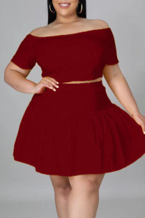 Burgundy Casual Solid Split Joint Off the Shoulder A Line Plus Size Two Pieces