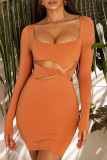 Tangerine Sexy Solid Hollowed Out Patchwork U Neck Pencil Skirt Dresses