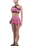 Pink Sexy Striped Print Patchwork Sleeveless Two Pieces