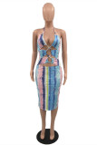 Blue Fashion Sexy Print Hollowed Out Backless Halter Sleeveless Dress