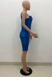 Blue Sexy Casual Solid Backless Spaghetti Strap Regular Romper