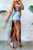 Multicolor Fashion Sexy Print Tie Dye Backless Slit One Shoulder Sleeveless Dress