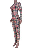 Coffee Sexy Plaid Print Hollowed Out Patchwork Frenulum O Neck Long Sleeve Two Pieces