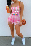 Rose Red Fashion Sexy Letter Print Ripped Backless Spaghetti Strap Skinny Romper