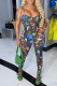 Blue Sexy Print Patchwork Spaghetti Strap Skinny Jumpsuits
