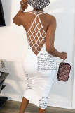 White Sexy Print Split Joint Backless Spaghetti Strap Pencil Skirt Dresses