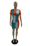 Tangerine Red Sexy Color Block Patchwork O Neck Pencil Skirt Dresses