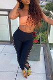 Black Sexy Solid Hollowed Out Skinny Mid Waist Pencil Solid Color Bottoms
