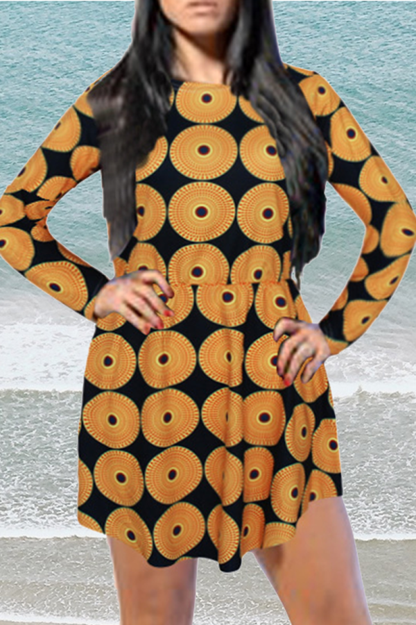Tangerine Red Casual Print Patchwork O Neck Straight Dresses