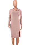 Pink Fashion Casual Solid Slit Turndown Collar Long Sleeve Dresses
