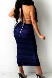 Black Sexy Print Hollowed Out Patchwork Halter Pencil Skirt Plus Size Two Pieces