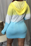 Pink Casual Gradual Change Print Patchwork Pocket Hooded Collar Straight Dresses