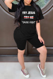 Black Fashion Casual Letter Print Basic O Neck Short Sleeve Two Pieces