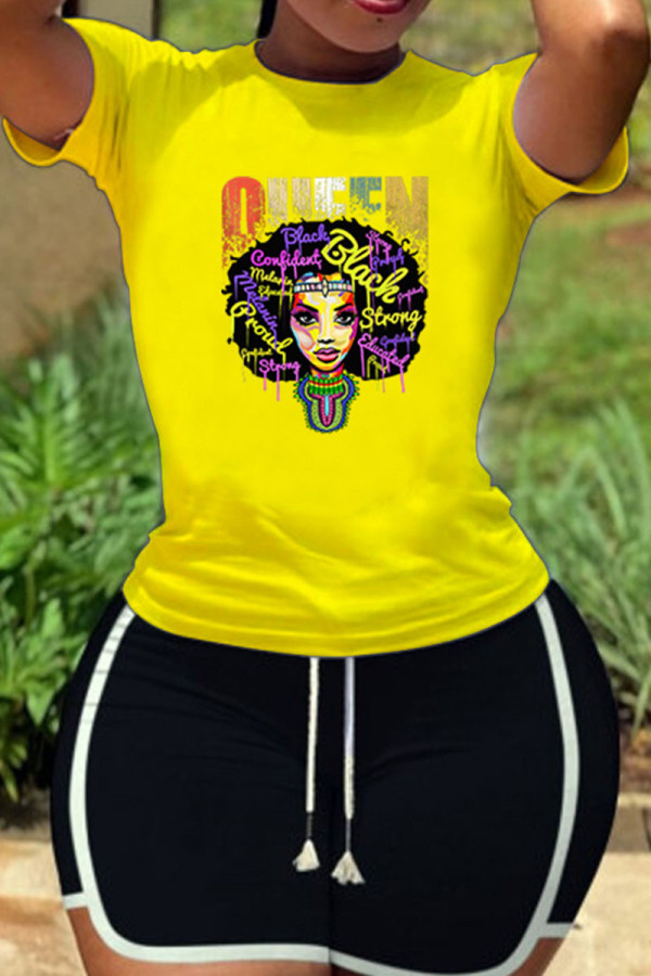 Yellow Casual Print Patchwork O Neck Short Sleeve Two Pieces