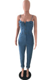 Blue Fashion Sexy Solid Backless Spaghetti Strap Skinny Jumpsuits