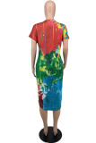 Red Fashion Casual Tie Dye Printing V Neck Short Sleeve Dress