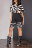 White Casual Animal Print Patchwork O Neck Short Sleeve Two Pieces
