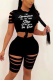 Black Casual Print Ripped O Neck Short Sleeve Two Pieces