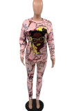 Pink Casual Print Patchwork O Neck Long Sleeve Two Pieces