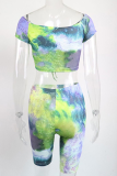 Green Sexy Print Patchwork Off the Shoulder Short Sleeve Two Pieces