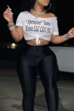 Grey Fashion Casual Letter Print Bandage Oblique Collar T-Shirts